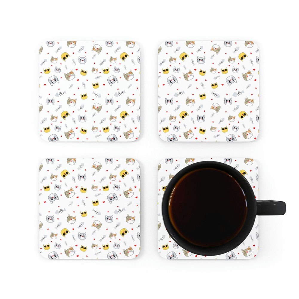 Corkwood Coaster Set- cat_face_pattern
