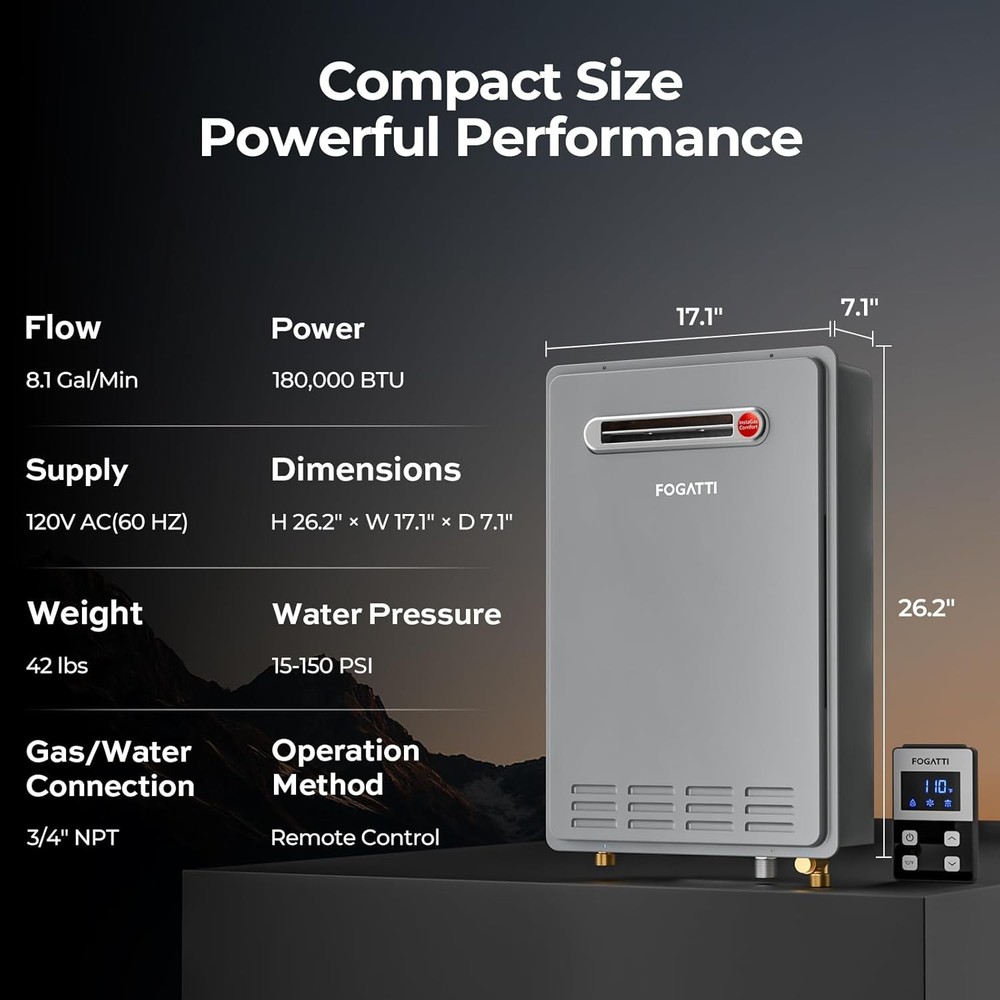 【90% NEW】Tankless Water Heater Outdoor, Natural Gas 26L 8.1GPM 180K BTU, Instant