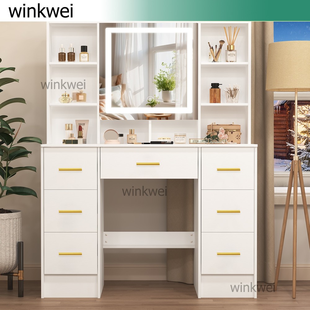 100cm Vanity Desk with Smart LED Mirror Makeup Vanity and 7 Drawers & Gold Pull