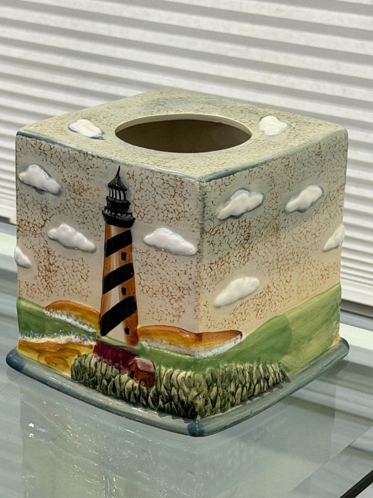 Lighthouse Tissue Box Cover Ceramic 3D Beach Nautical Coastal