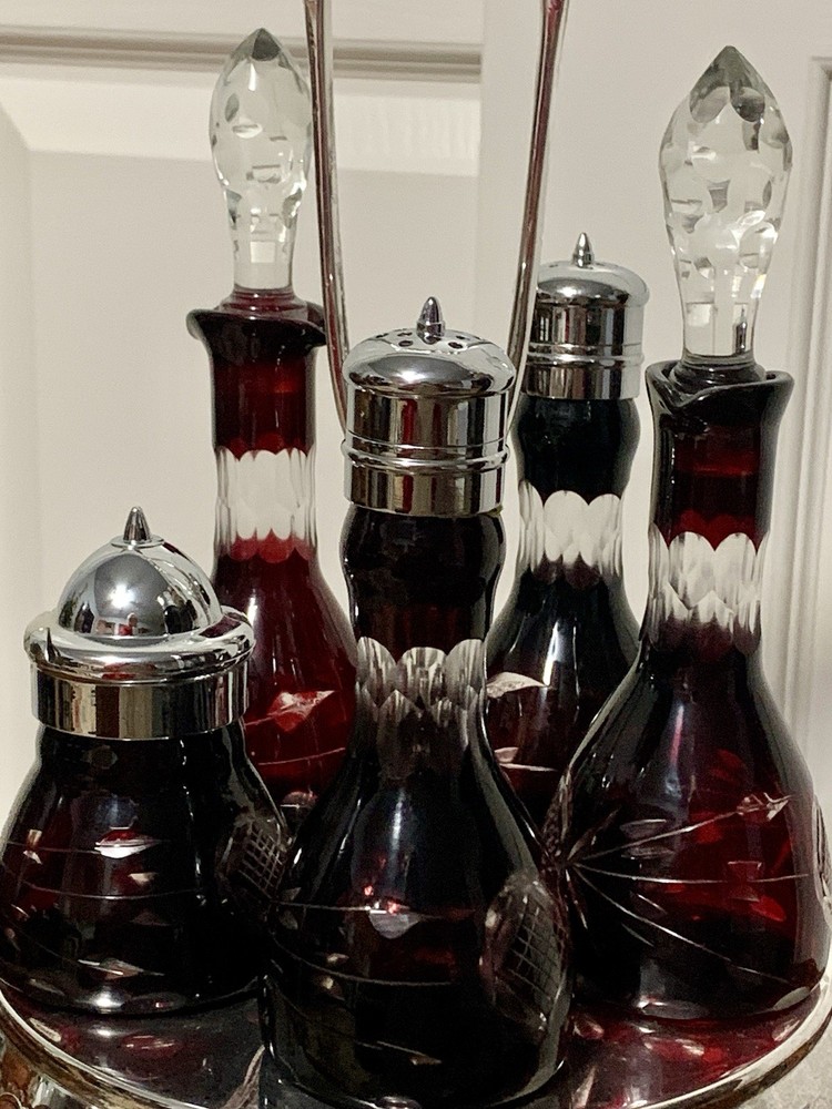 Ruby Cut-to-Clear Bottles Silver Plate Frame Stand/Holder Cruet Condiment Set