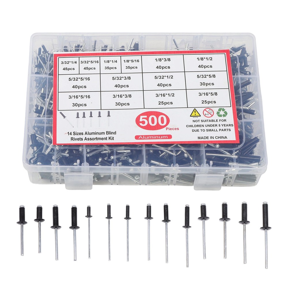 500pcs Aluminum Rivet Kit 14 Sizes Assorted Blind Rivets Storage Case DIY Use