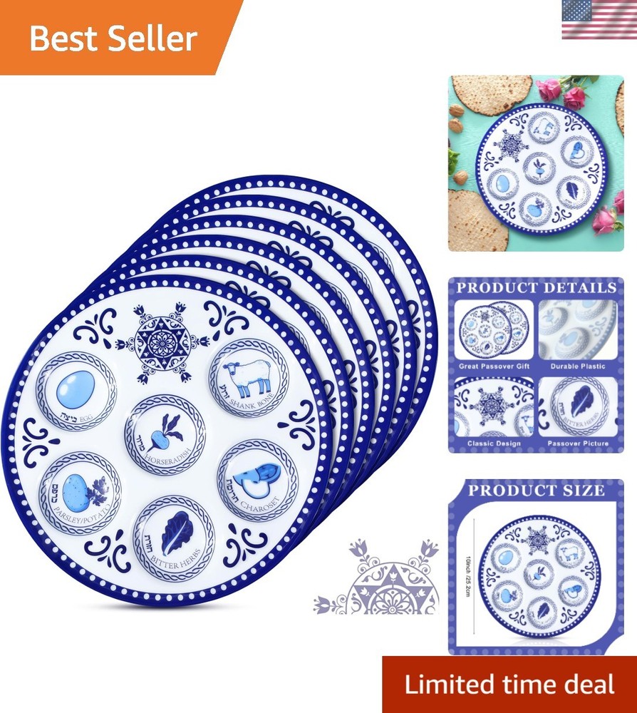 Disposable 6 Pack Seder Plates in Blue Renaissance - Dishwasher Safe & Stackable