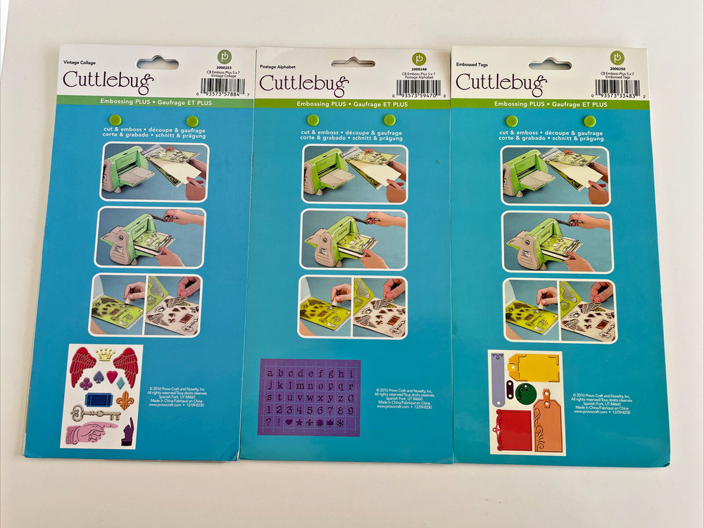 3 Cuttlebug Embossing Plus Cut and Emboss Folders Collage, Tags and Alphabet