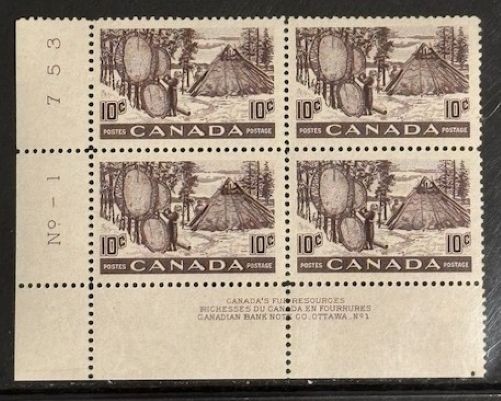 Canada #301 LL PL #1 Fur Resources Plate Block MNH