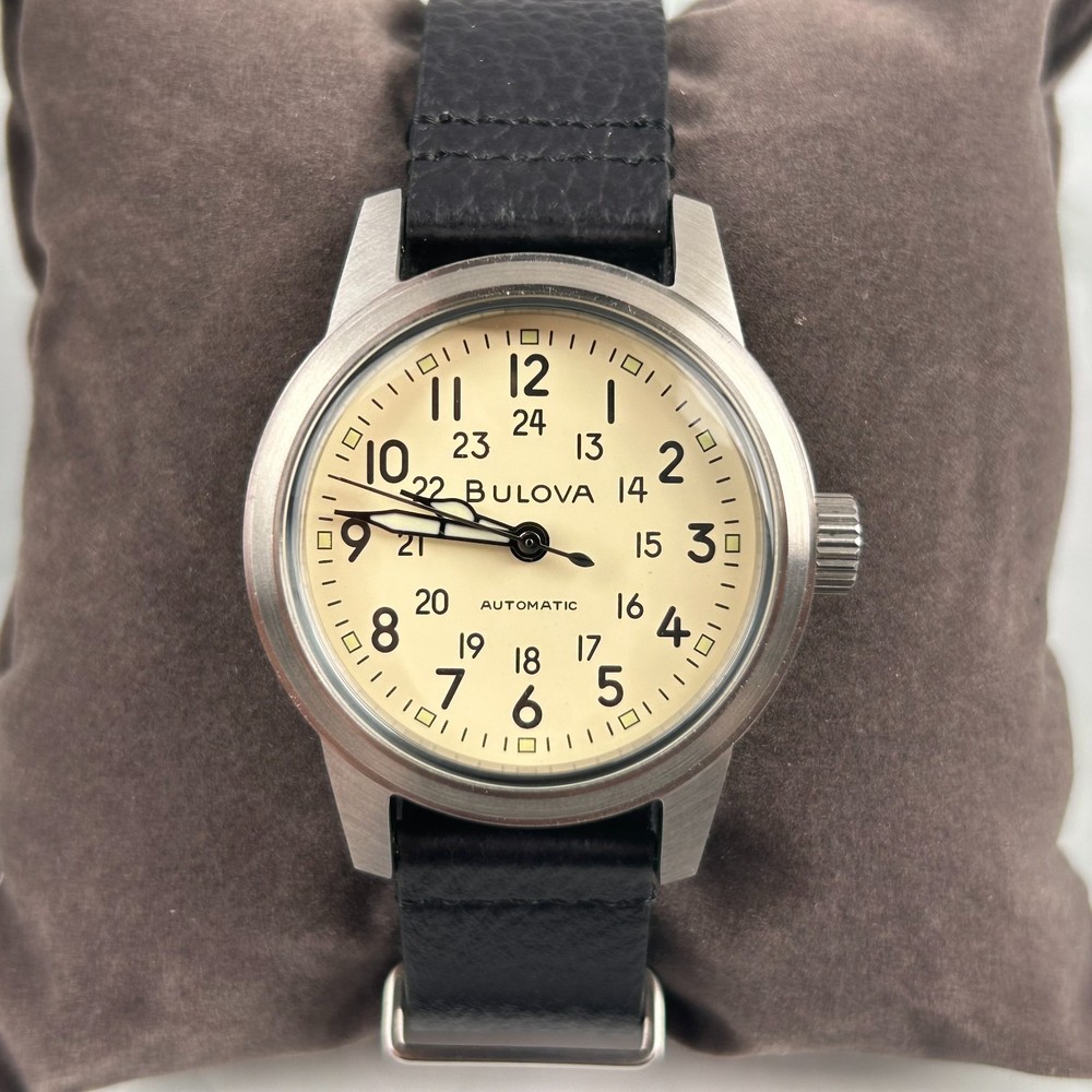 Bulova 96A246 Hack Ivory Dial Black Leather Strap Men’s Automatic Watch