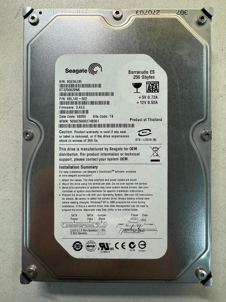 SEAGATE ST3250620NS 9BL14E-502 250GB Firmware 3.AEG Date code 08055 SATA 3.5"