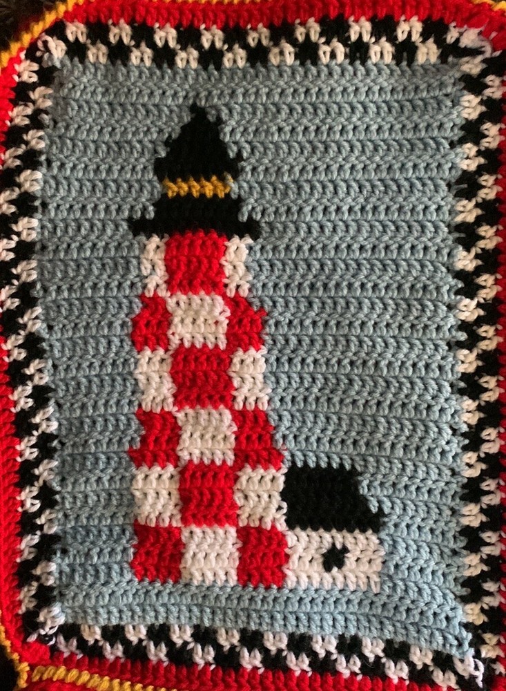 Handmade Nautical Theme Multicolored Lighthouse Patten Crochet Throw Blanket