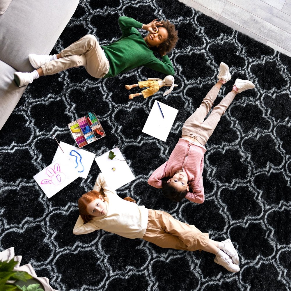 Dssimo Super Fluffy Moroccan Trellis 5x7 5' x 7' (Rectangular), Tie-dye Black