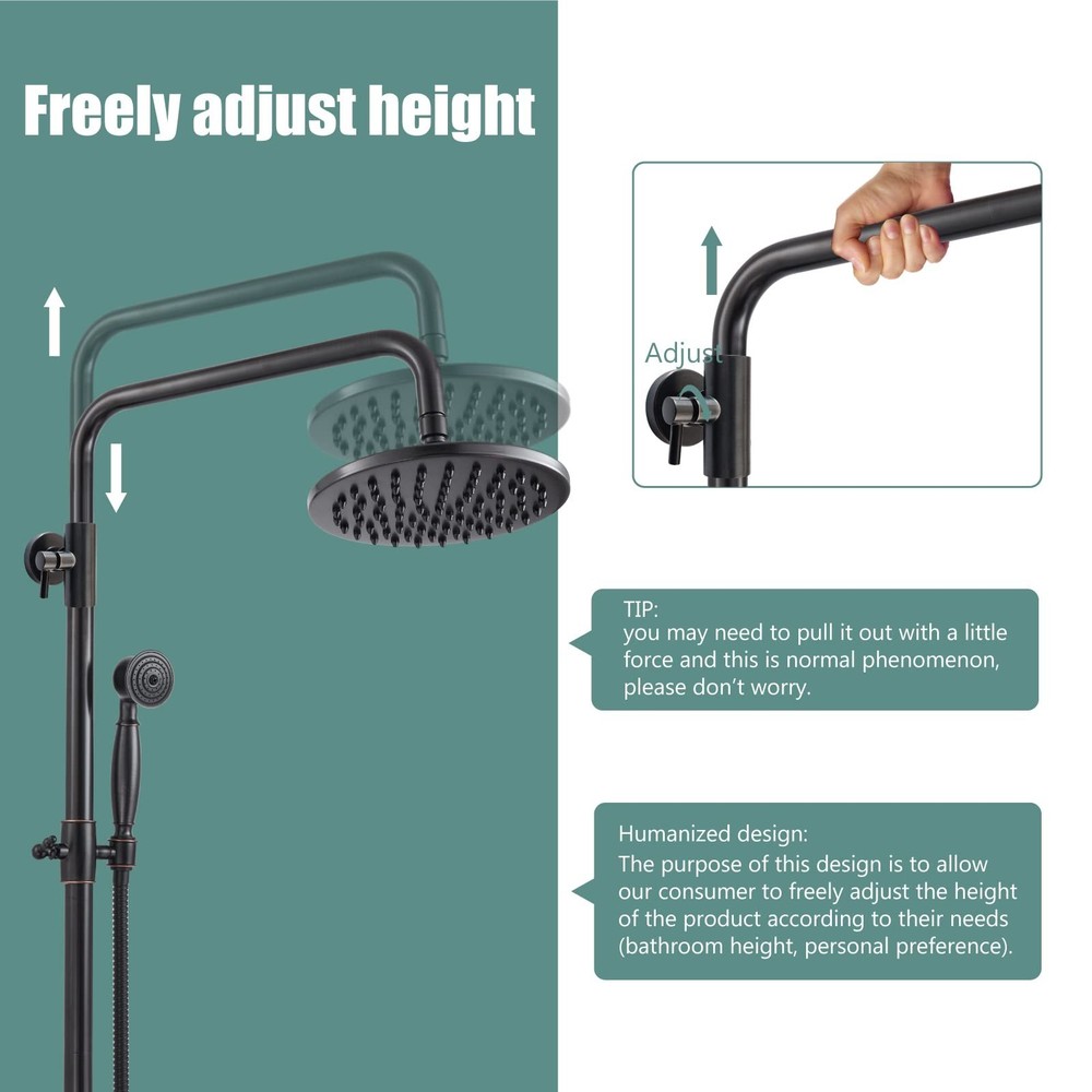 Dual Functions Exposed Pipe Shower System Round 8 Inch Rainfall Shower Head B...
