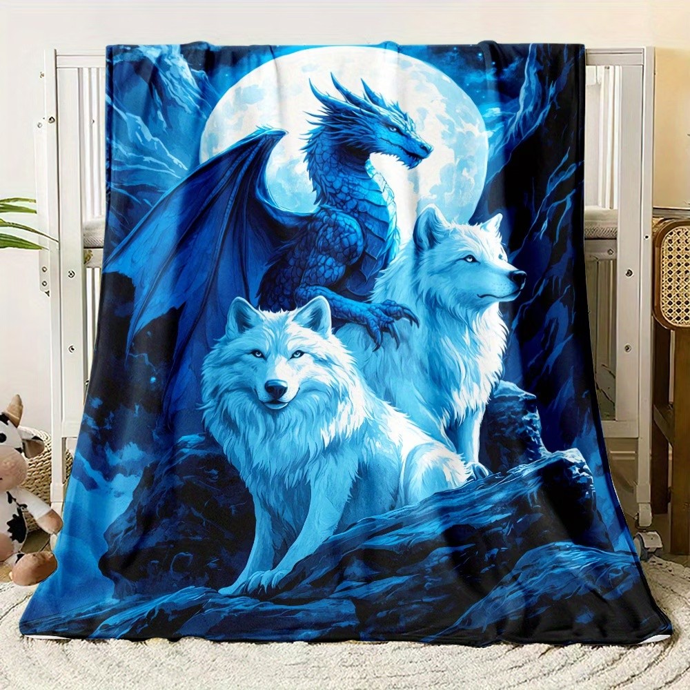 Dragon And Wolf Fleece Throw Blanket