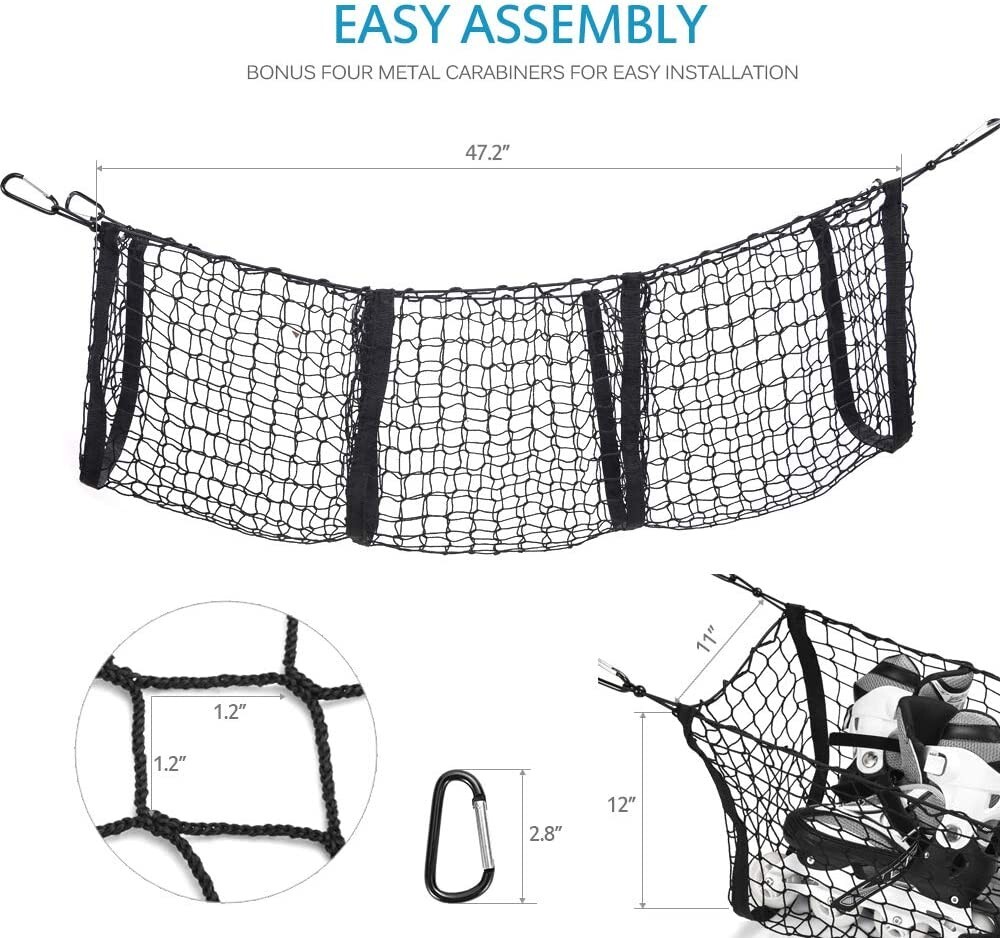Stretchable Black Mesh 3 Pocket Trunk Cargo Organizer Bin Bag Storage Net Holder