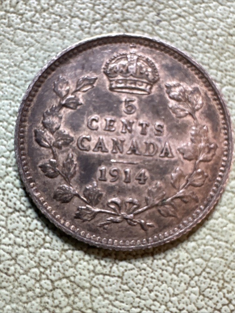 1914 Canada Silver Five Cents - Toned - Solid AU George V