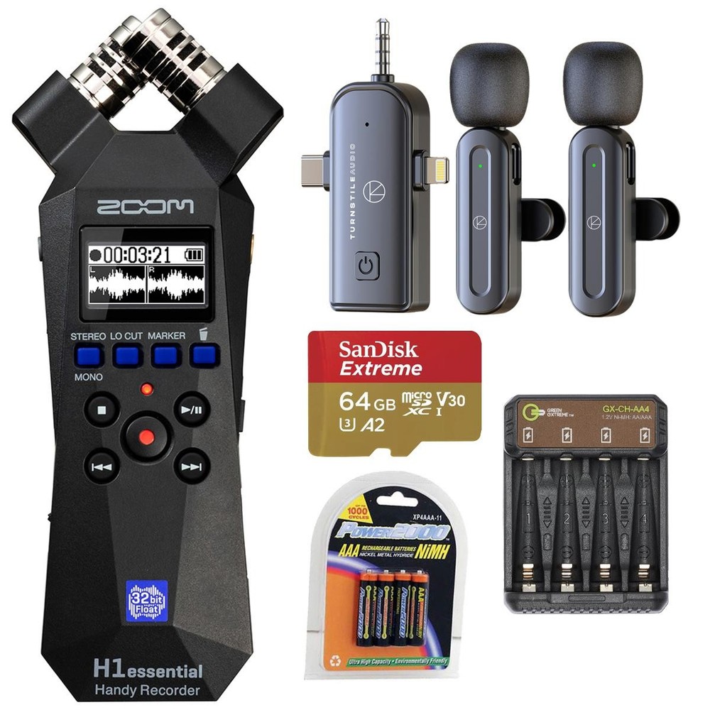 Zoom H1essential 2-Track 32-Bit Float Handy Recorder, Bundle with 3-in-1 Wireles