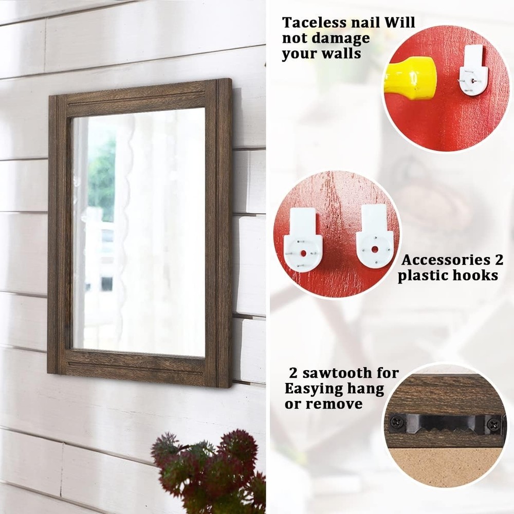 Rustic Wood Mirror Rectangle Decorative Wall Hanging Mirrors with Frame for B...