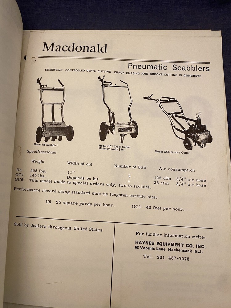 Vintage MACDONALD Concrete Scabbler Technical Data Repair Manual Air Tools