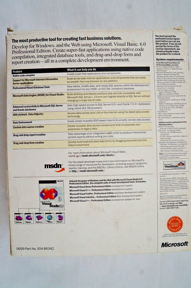 Microsoft Visual Basic 6.0 Professional Upgrade or Full Ver for Windows 95 ~ 11