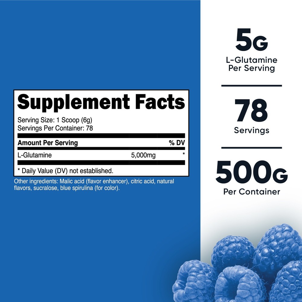 Nutricost L-Glutamine Powder (500G) (Blue Raspberry)