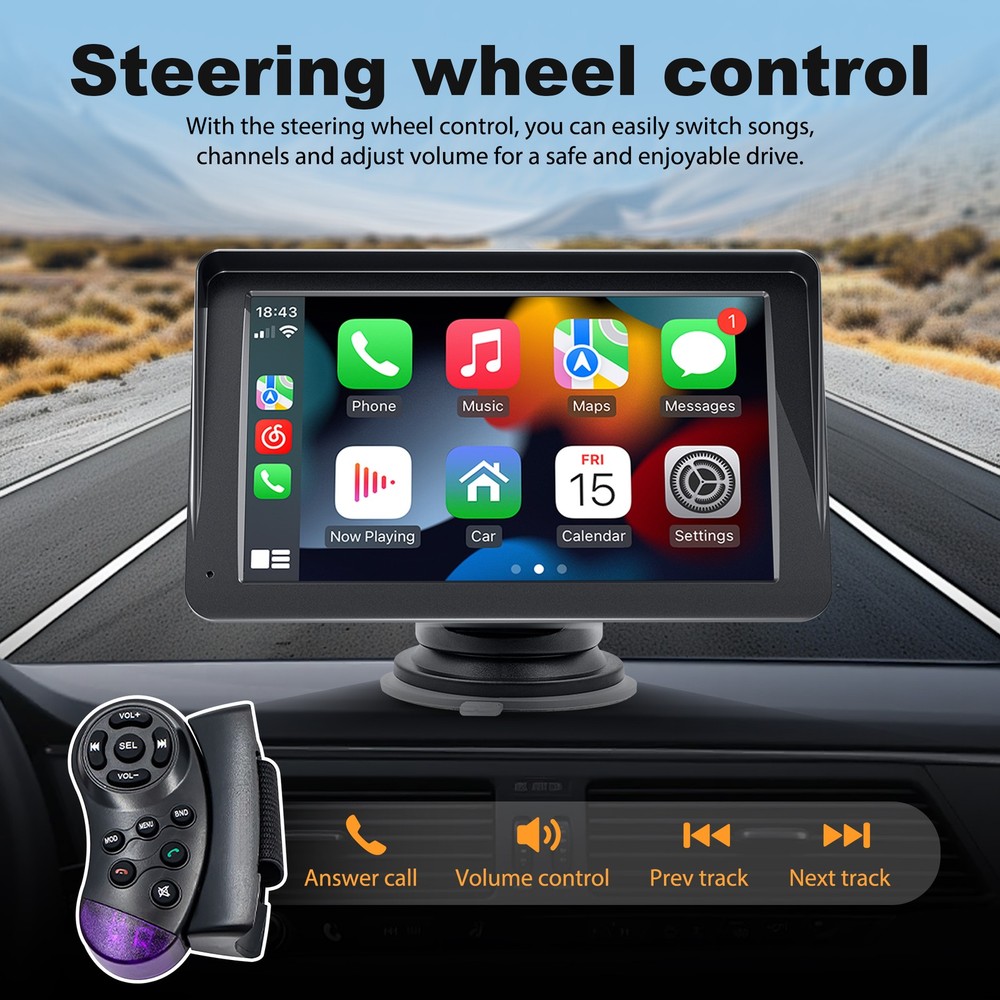 7" Wireless WiFi/BT HD Stereo Portable Carplay+Remote For iPhone/Android Auto US