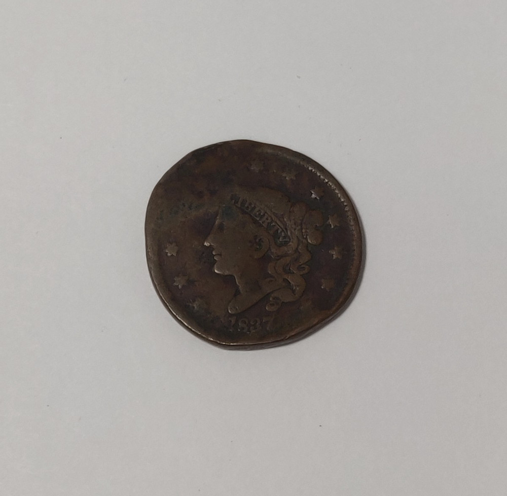 1837 LARGE CENT CORONET HEAD DAMAGED + BENT + SMASHED