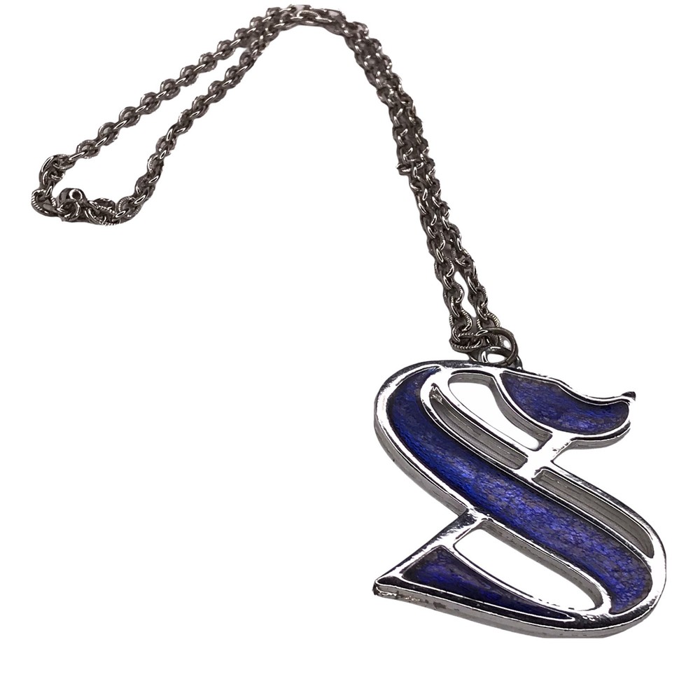 Vintage Signed PLO Blue Script S Pendant Silvertone Necklace 24"