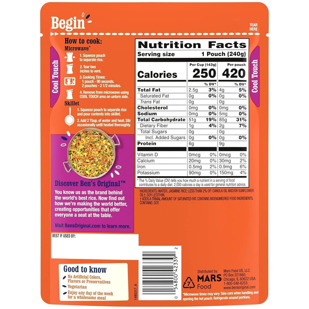 BEN'S ORIGINAL Ready Rice Jasmine Rice, Easy Dinner Side, 8.5 OZ Pouch, Pack 6