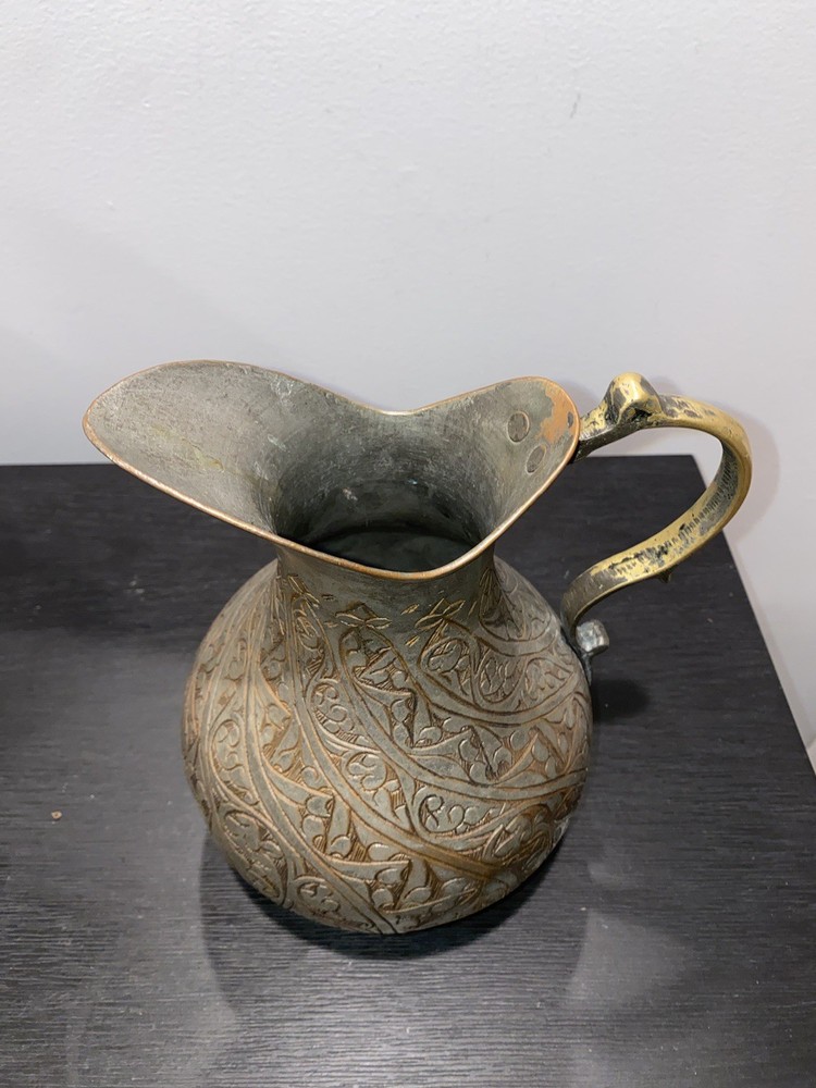 Antique Hand Crafted Etched Copper Tone Middle Eastern Pitcher