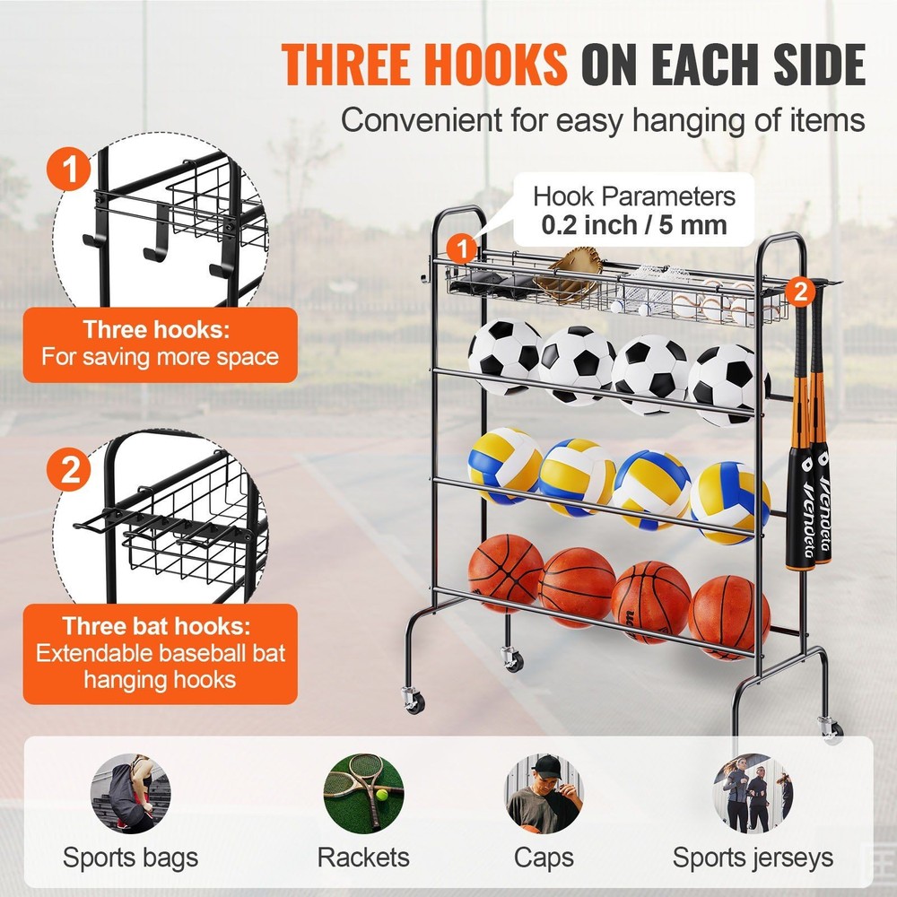 4-Layer Steel Ball Rack w/ 4 Locking Casters 3 Hooks & 2 Removable Baskets
