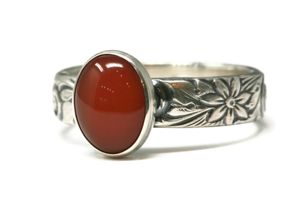Oval Carnelian Ring Flower Pattern 925 Sterling Silver N-S