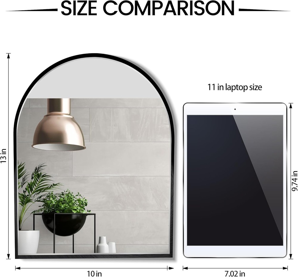 10x13 inch Black Small Arched Wall Mirror Space-Saving Design Bathroom Vanity
