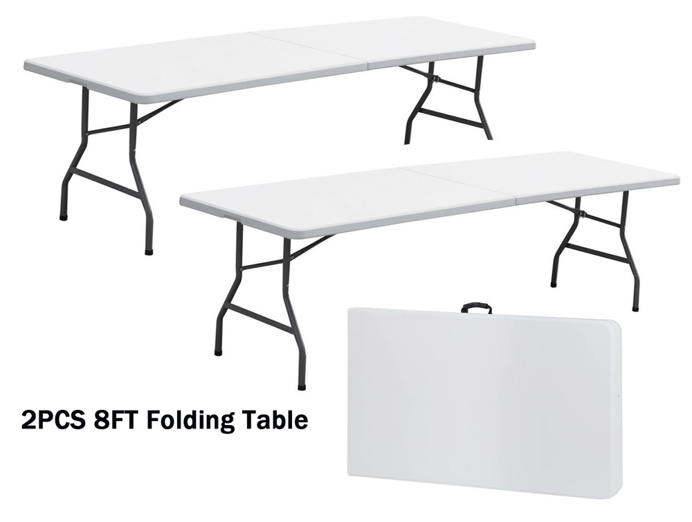 2X 8' Plastic Folding Table Picnic Party Camp Dining Fold-in-Half w/ Handle