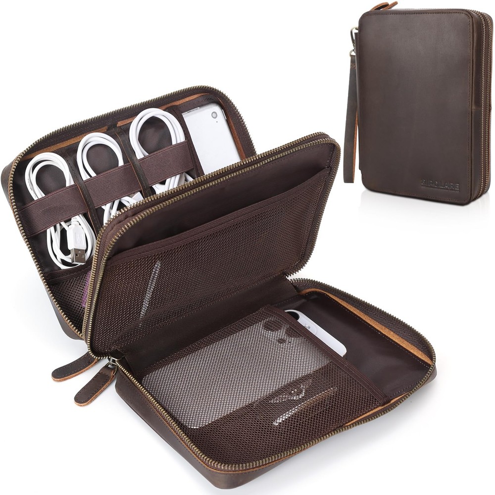 Double Layer Leather Travel Cable Organizer Bag for Electronics Storage