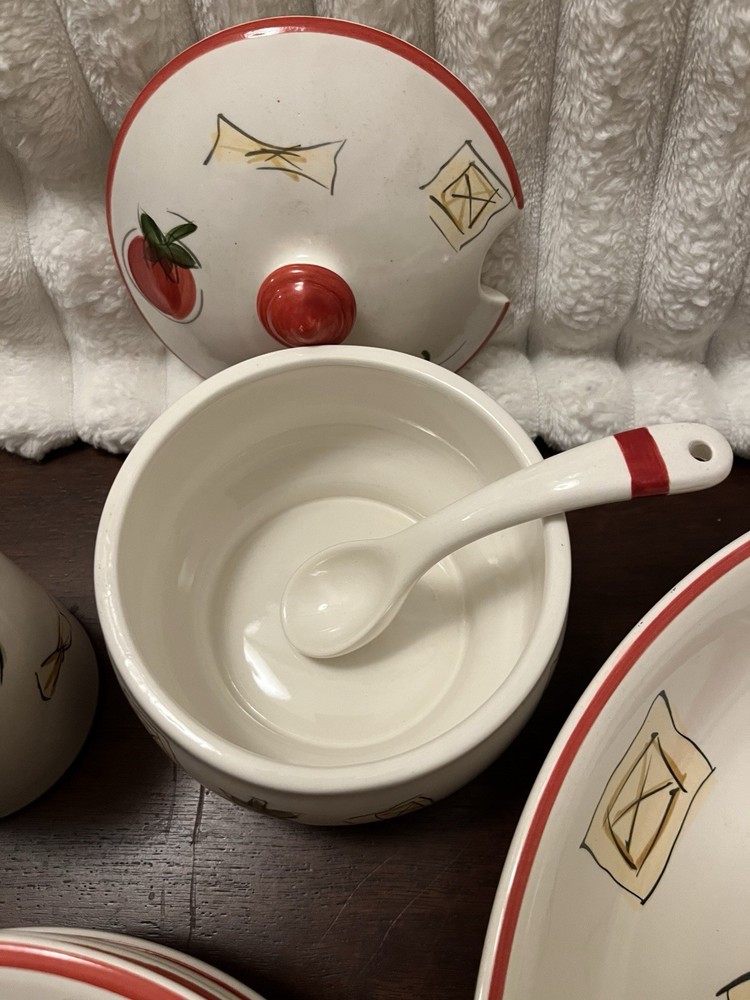 Everything Kitchen Ceramic Pasta Dinner Set Tomato & Pasta Pattern Bowls Plates