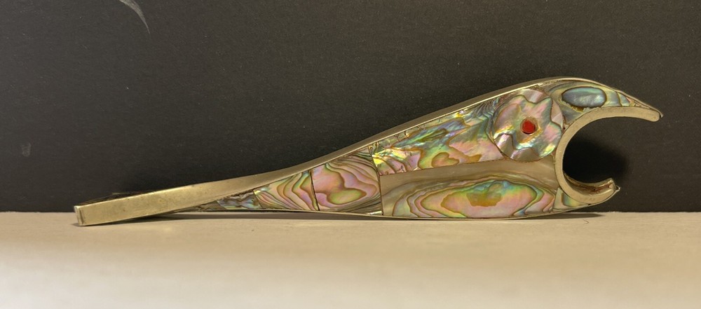 Vintage Mid Century Modern Abalone  Silver Barware Fish Shaped Bottle Opener