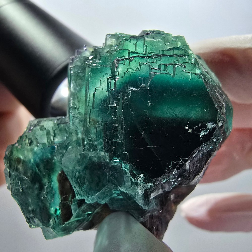 Clear phantom fluorite cube specimen, tessellated green-brown, Okorusu, Namibia