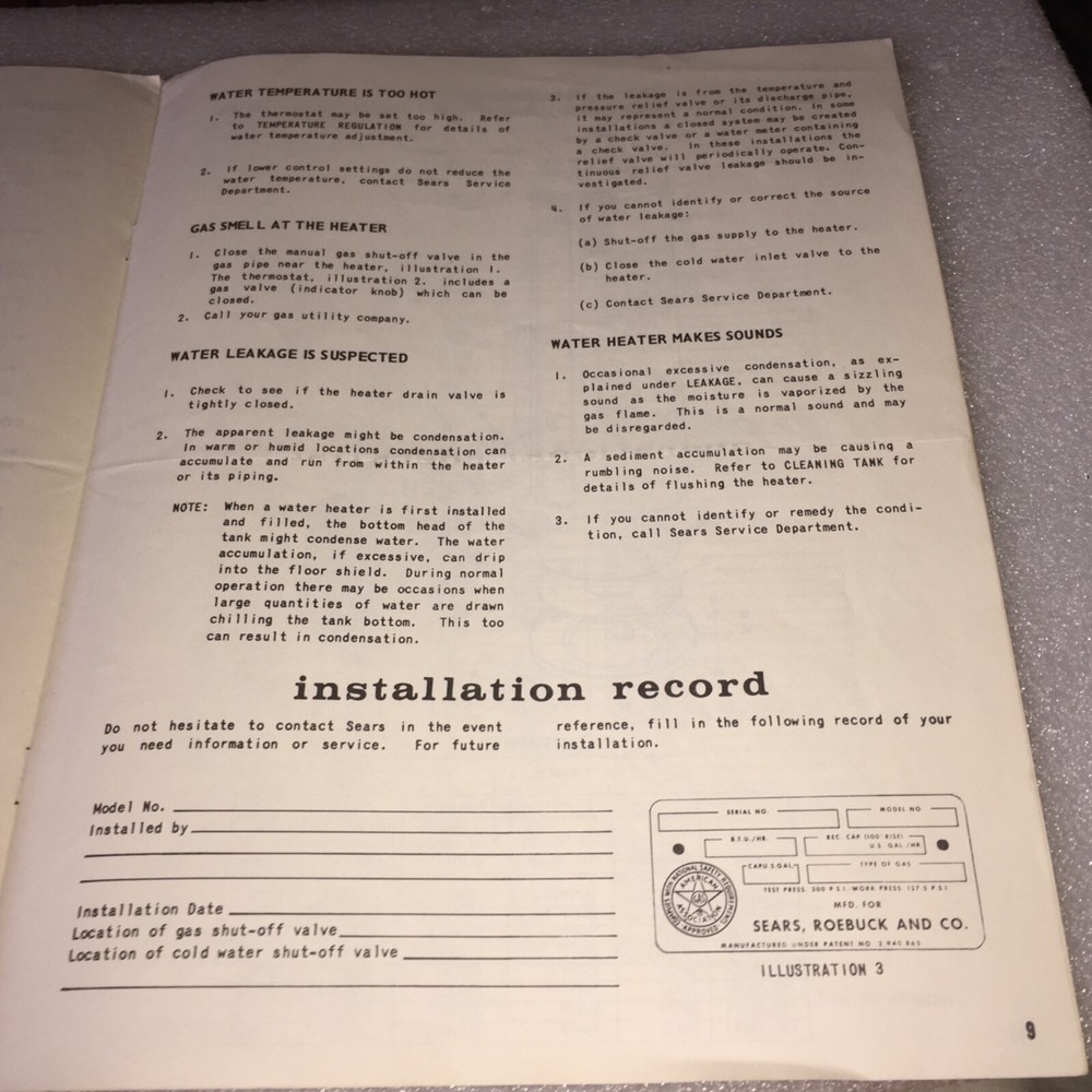 VINTAGE 1964 SEARS 600 GAS WATER HEATER INSTRUCTIONS & PARTS MANUAL #150.36231