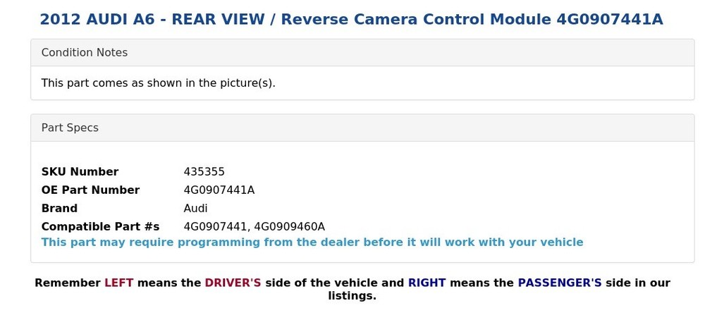 2012 AUDI A6 - REAR VIEW / Reverse Camera Control Module 4G0907441A