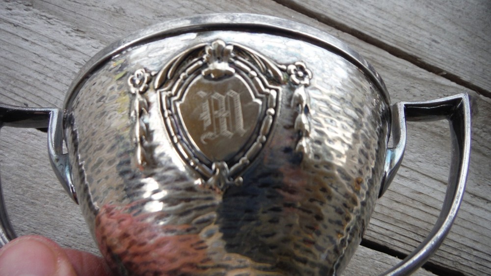 MCM Sheffield Creamer & Sugar Hammered Silverplate w/ Shield "M" Monogram - EUC