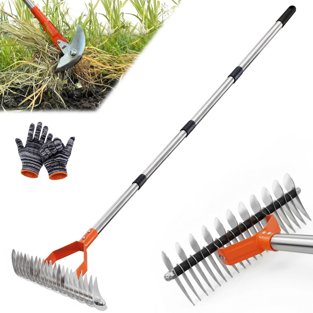 Thatch Rake with 68" Adjustable Handle,14" Dethatching Rake for Lawns – Re