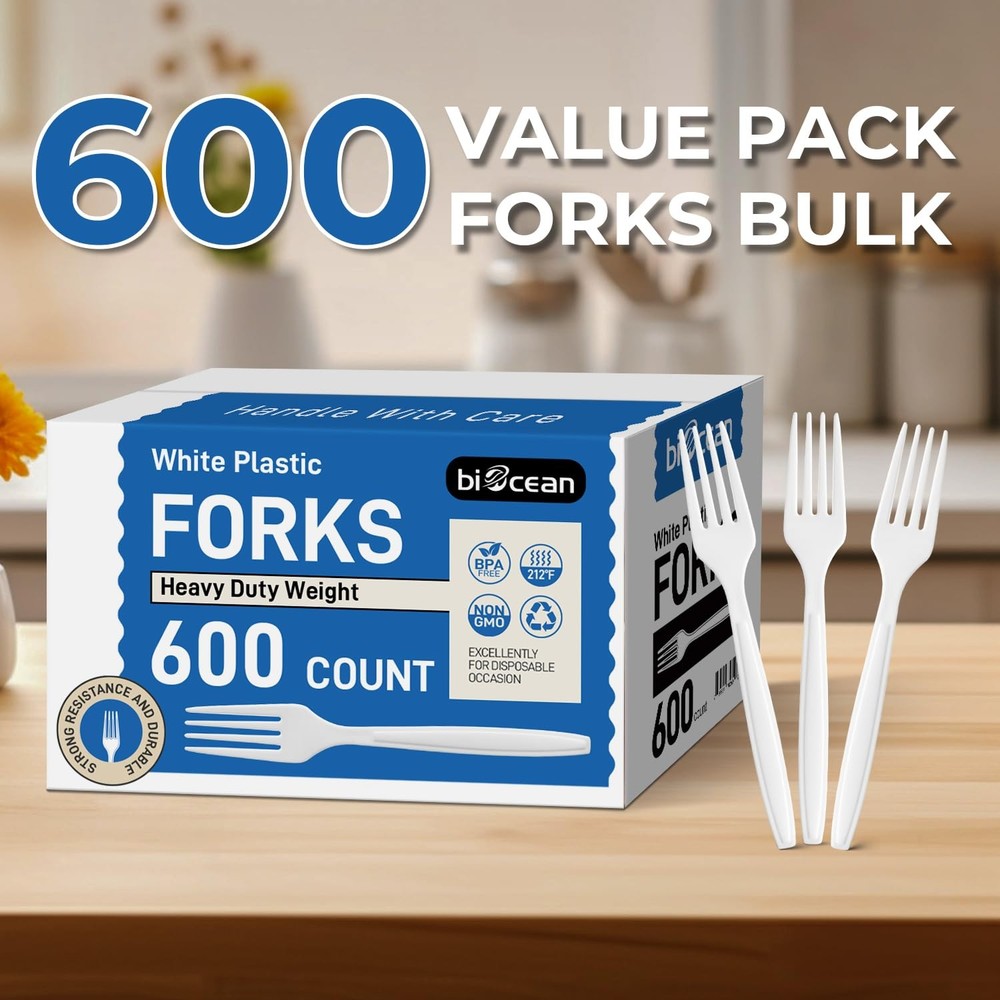 600Pack Disposable Plastic Forks Bulk White Heavy Duty Silverware - Value Pac...