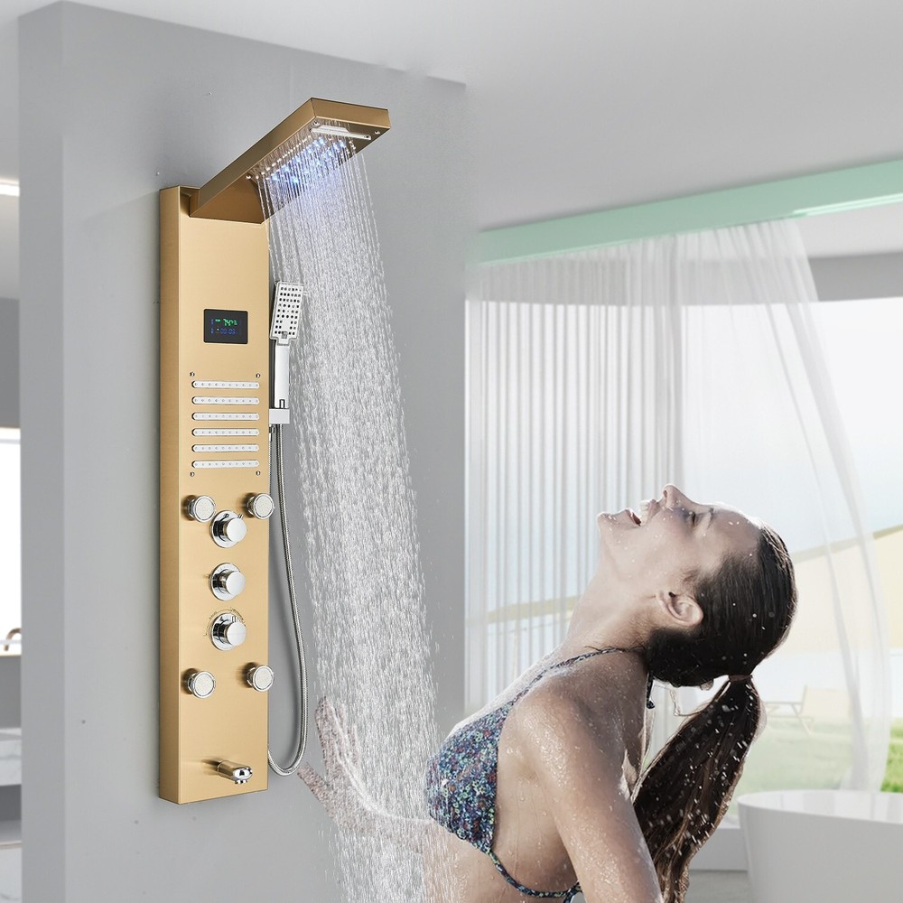 LED Shower Panel Tower System Rain&Waterfall Massage Jet Spraye Brushed Gold