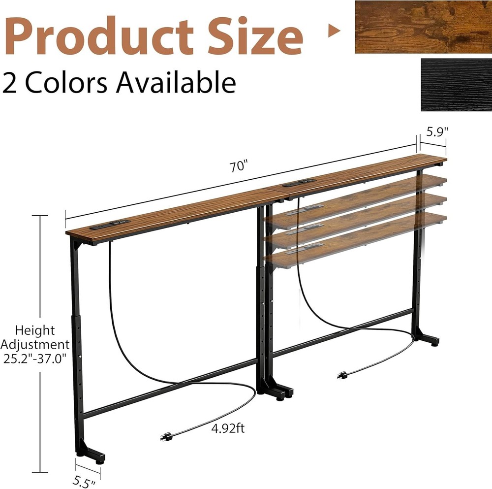 2 Pack Adjustable Height Narrow Console Table with Power Outlets, 70" Long Sofa