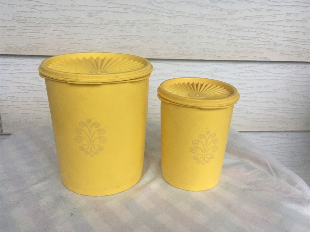 Vintage (2) Mustard TUPPERWARE Kitchen Storage Nesting Container Canister Set