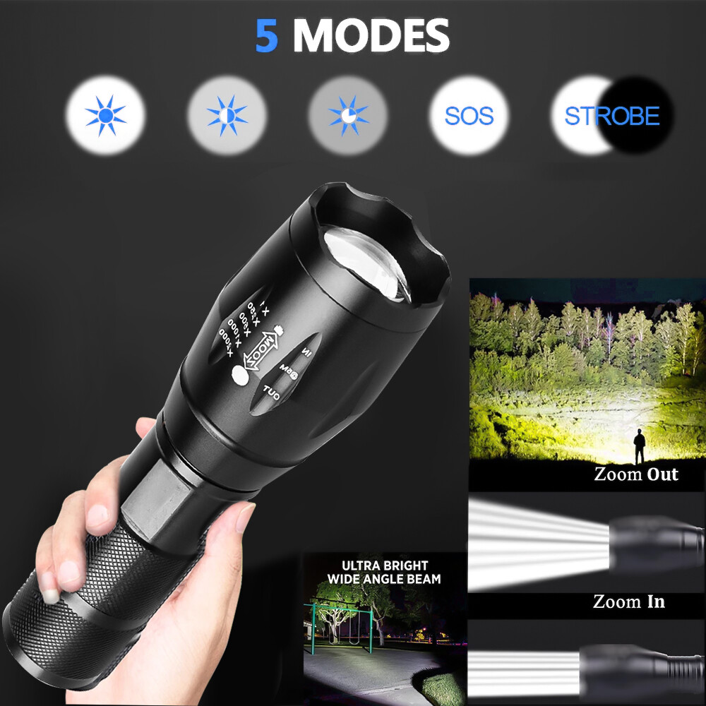 Super-Bright 90000LM Lamp LED Tactical Flashlight 5 Modes Zoomable Torch Light