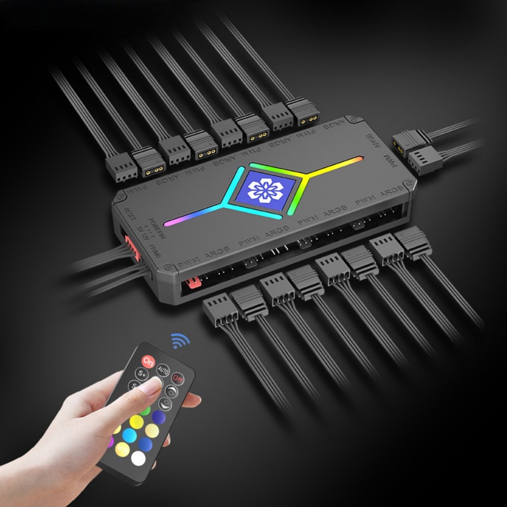 ARGB PWM Fan Controller Hub 9 Ports Remote Control for Computer PC Lighting