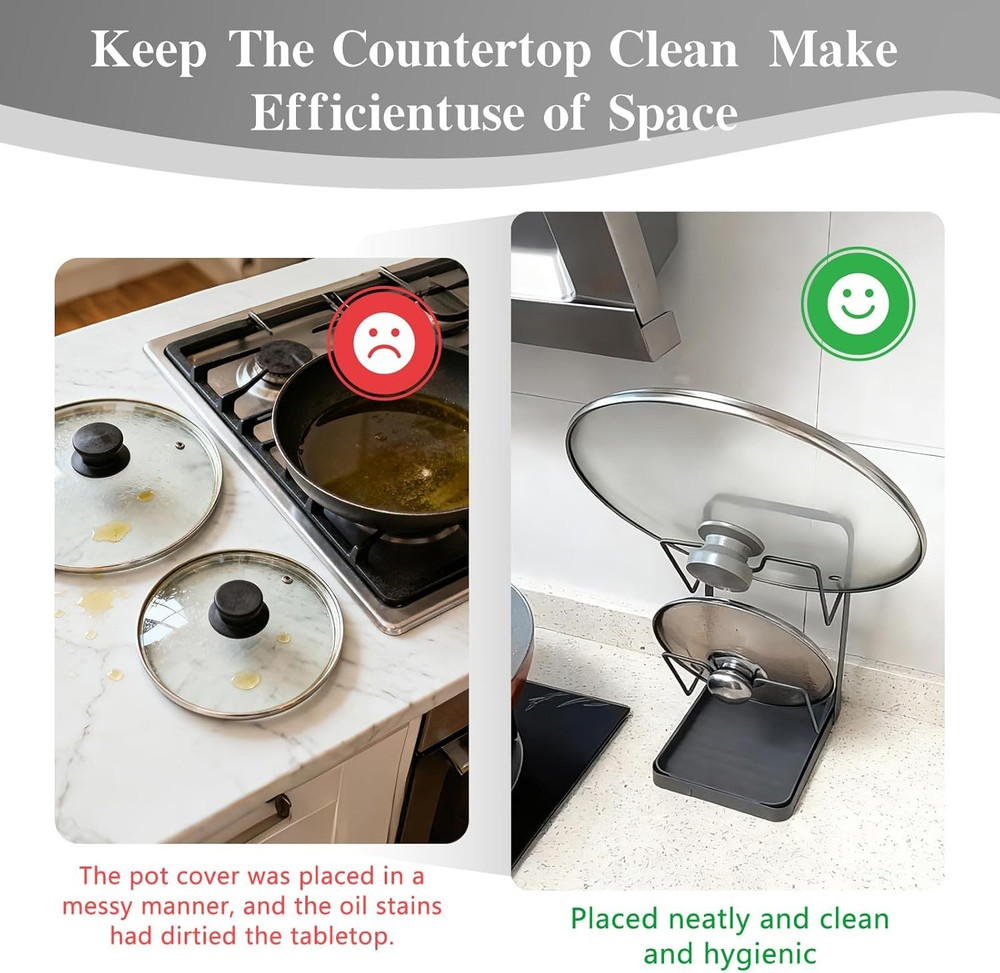 Kitchen Pot Lid Storage Rack Pot Lid Holder While Cooking + Removable Drip Tray