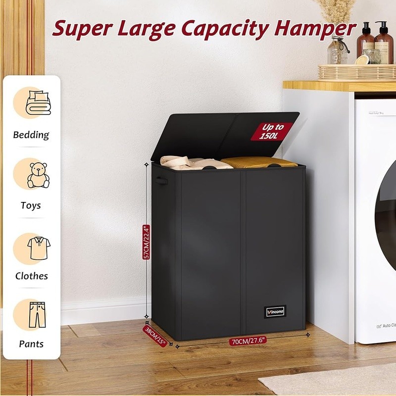 Large 150L Laundry Hamper W/ Lid 2 Section Compartment Durable Storage Basket US