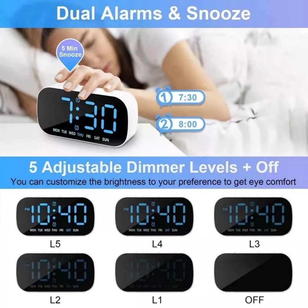 White Large LED Display Electric Digital Alarm Clock With Snooze Function