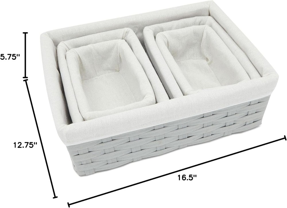 Wicker Nesting Baskets W/ Cloth Lining 5-Pack Gray Rectangular Set Stackable
