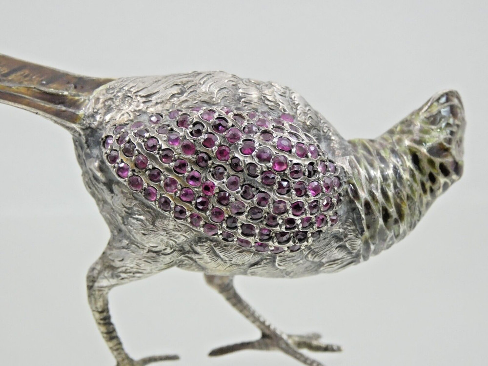 ANTIQUE AUSTRIAN Vienna SILVER ENAMEL MINIATURE BIRD PHEASANT gemset real ruby
